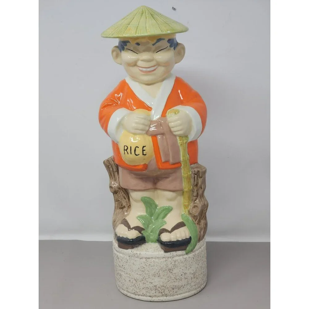 Vintage Ceramic Asian Man Rice Bag Hiking Stick Storage Holder Decanter